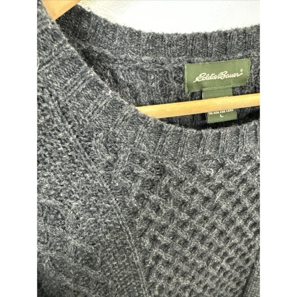 Eddie Bauer Men L Merino Wool Blend Charcoal Cable Knit Fisherman Sweater - Picture 2 of 5